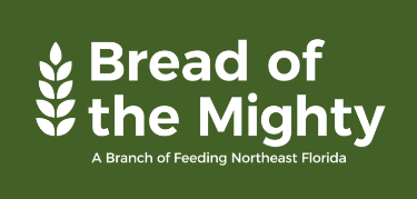 white text on a green background Bread of the Mighty logo