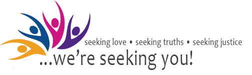 Metropolitan Community Church with four human symbols in different colors, along with the words: Seeking Love, Seeking Truths, Seeking Justice. 